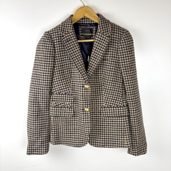 J Crew Schoolboy Blazer Houndstooth Gold Button Wool Navy Brown Size 4 - Picture 2 of 12